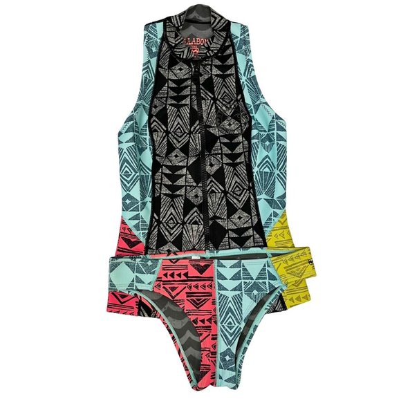 Billabong Sneeky Vest Front Zip Neoprene Wetsuit Rash Guard Matching Set Size 2 - Picture 1 of 10